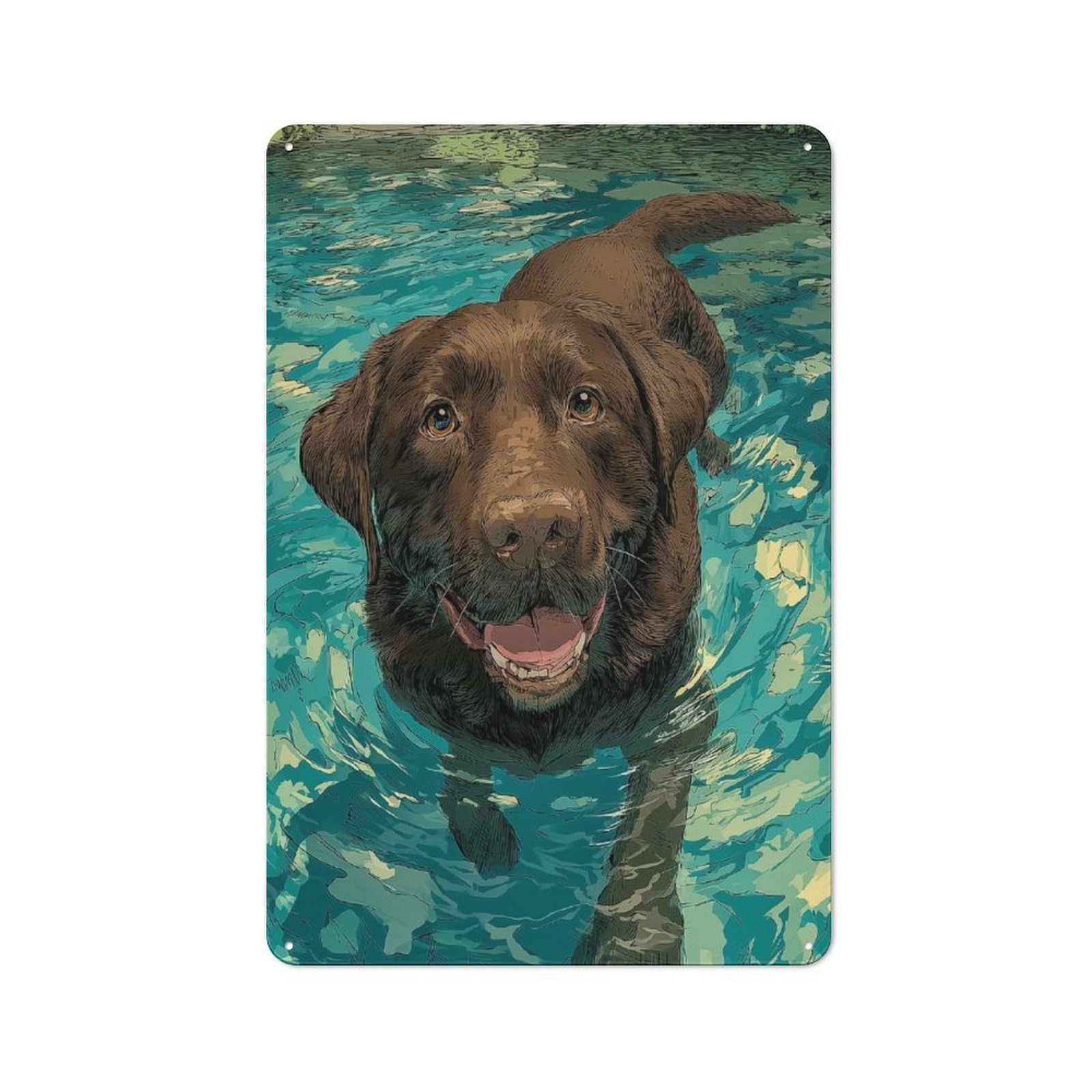 Junmoney Style-21 Happy Labrador Swimming Rustic Metal Sign 30X20cm For Dining Room Or Kitchen, Metal Sign Decor For Kitchens And Dining Spaces