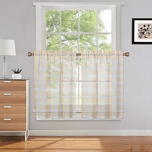 Miniatura 6 de GlowSol Cortinas de cocina de 24 pulgadas de largo, cortinas de lino con textura de cuadros para cafetería, paneles de ventana de cocina a cuadros,
