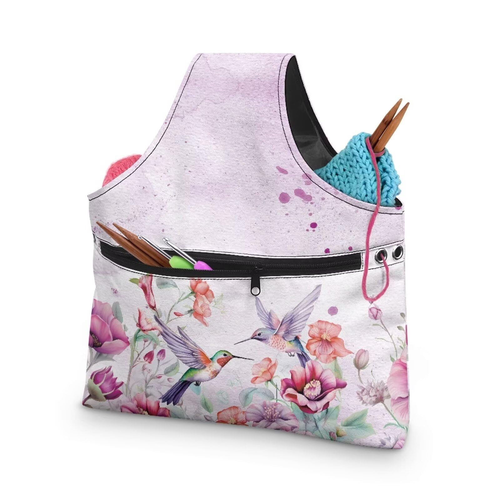 Hummingbird Yarn Bags for Crochrting Organzing Knitting Bag Yarn Storage Shelves Floral Crochet Tote Bag,Large