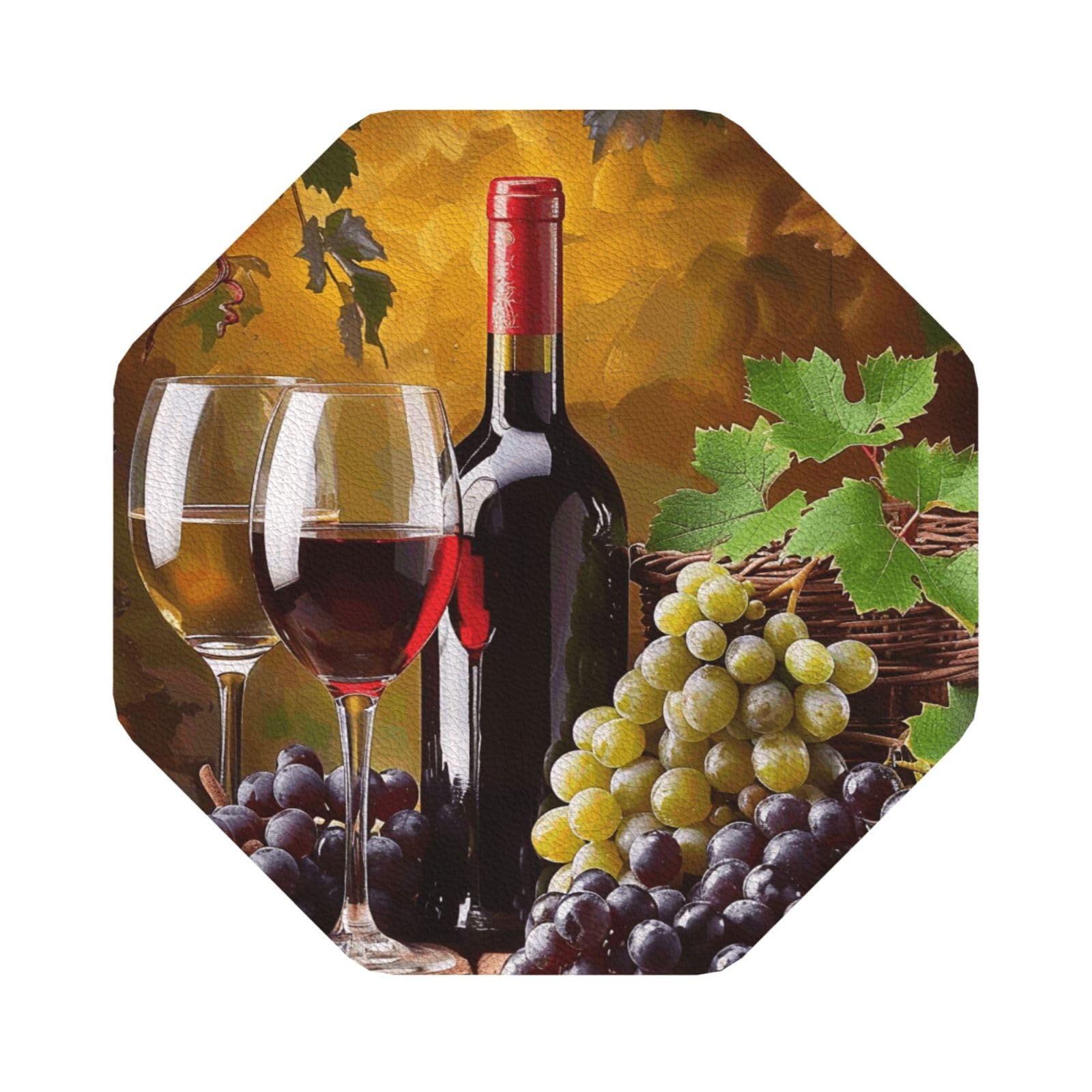Grapes Wine Bottles and Drink Print Leather Coaster Set of 6, Octagon Coasters Table Decorative Coffee Cup Beverage Coasters Wine Beer Bar Coasters for Hot Drinks Table Protection