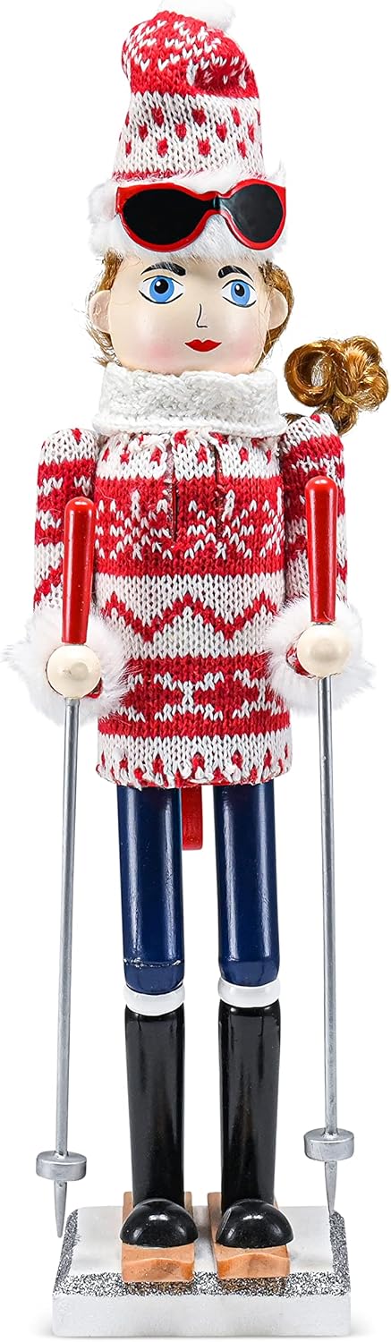 Ornativity Christmas Woman Skier Nutcracker – Red and White Wooden Nutcracker Woman with Ugly Sweater and Ski Sticks in Skiing Pose Xmas Themed Holiday Nut Cracker Doll Figure Decorations 15"