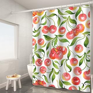 Cortina de ducha antimoho, 90 x 180, lavable, diseño de cereza, color rojo con cortina de ducha