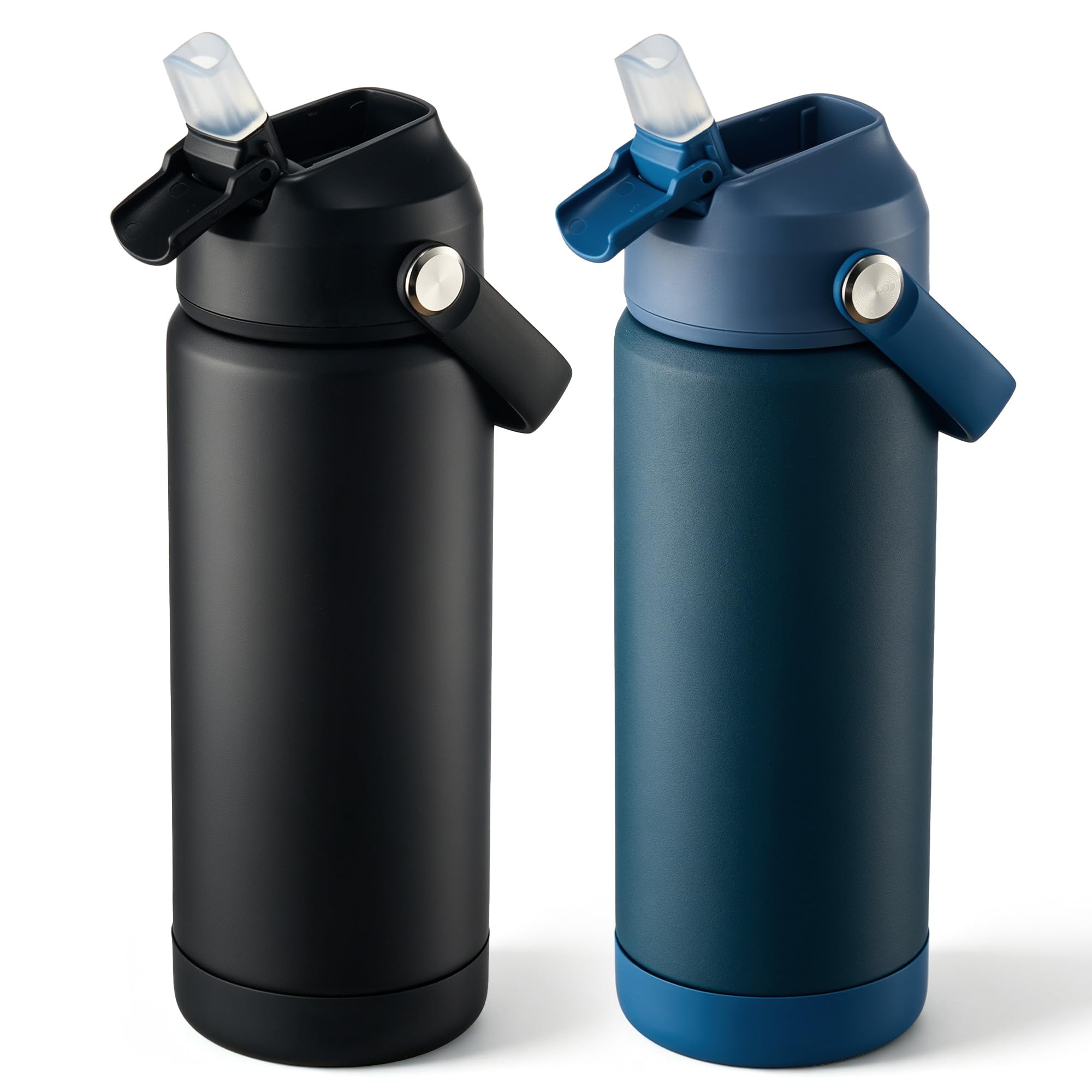 Fijinhom 18 oz Insulated Water Bottle with Straw Lid, Stainless Steel Water Bottles, Double Wall Vacuum, Portable Handle & Non-slip Bottom, BPA Free Leak Proof Metal Bottles (Black+Dark Blue, 2pack) Black+Blue 18 Ounces(2 Pack)