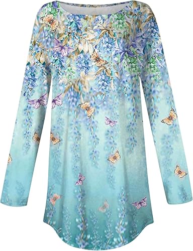 Miniatura 3 de Kenvina Sudaderas para mujer, manga larga, cuello redondo, dobladillo curvado, túnica sin botones, casual, holgada, para otoño e invierno