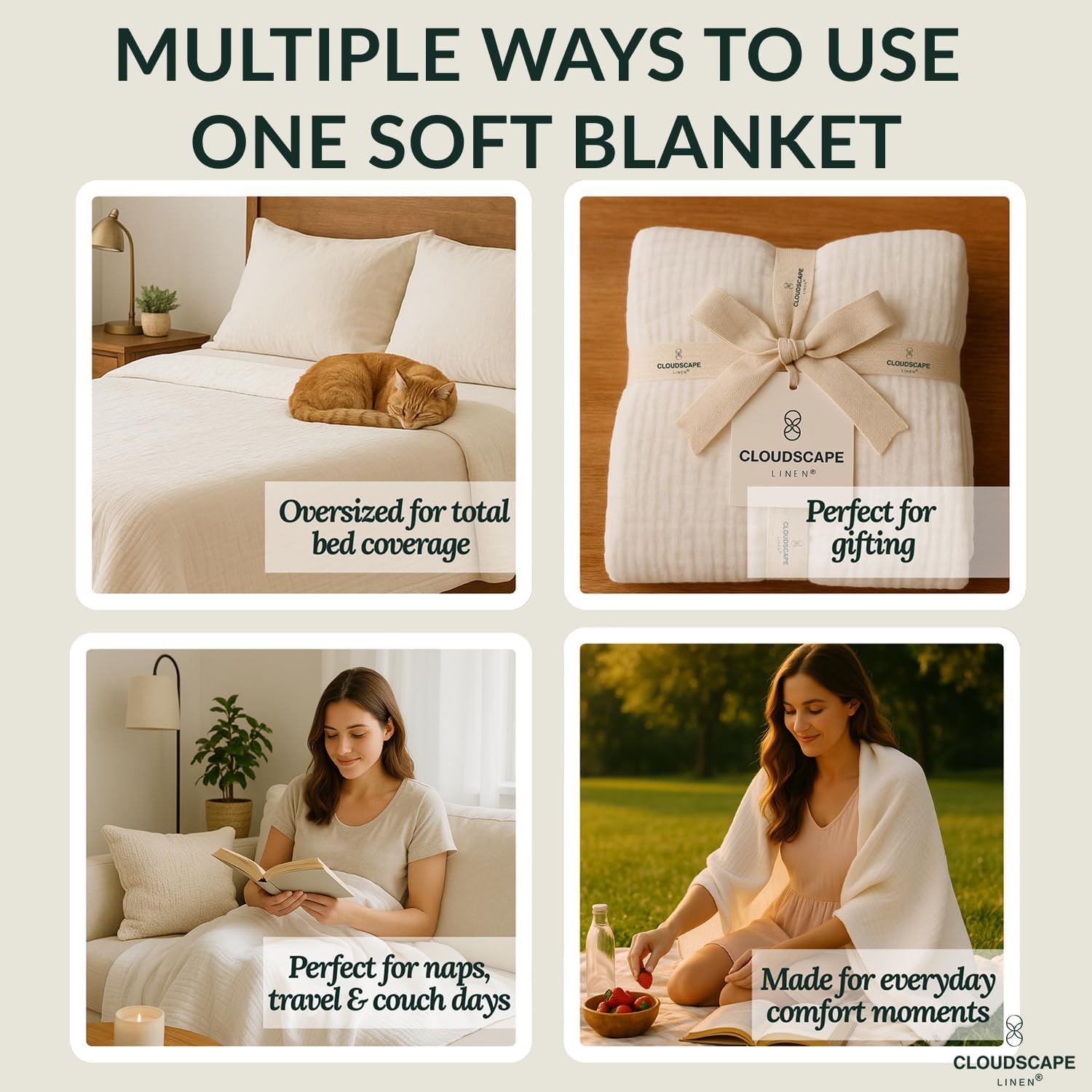 Cloud Scape Linen 8-Layer Muslin Blanket Queen Size - 100% Cotton, Soft and Breathable, Oversized Winter Blanket, Fits up to Full Size Bed, 92x92, White - Image 5