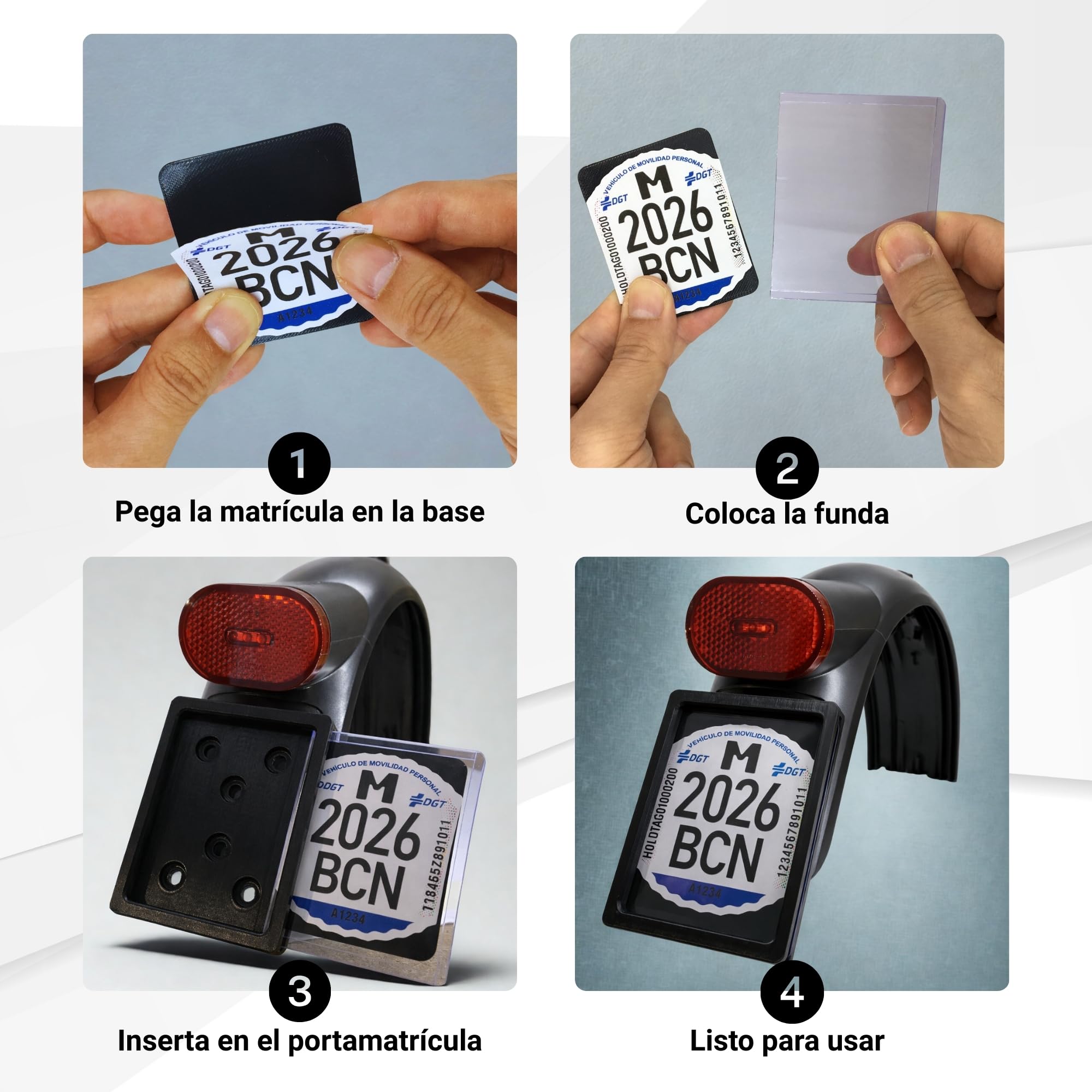 Portatarga per Monopattino Elettrico VMP, Supporto per Parafango con Fissaggio a Vite o Adesivo, Protezione Trasparente Rimovibile, Accessorio Resistente, Prodotto in Spagna