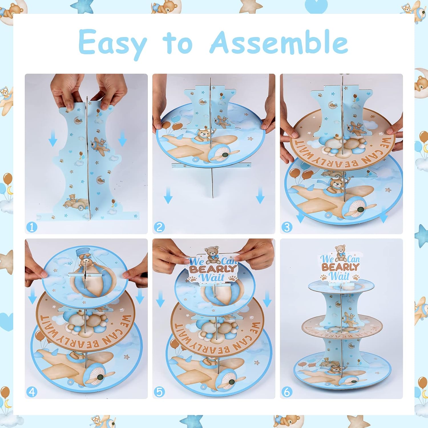 Cheereveal Bear Theme Cupcake Stand Decorations, 3-Tier Cupcake Stand for Bear Baby Shower Party Supplies, We Can Bearly Wait Decorations image 5