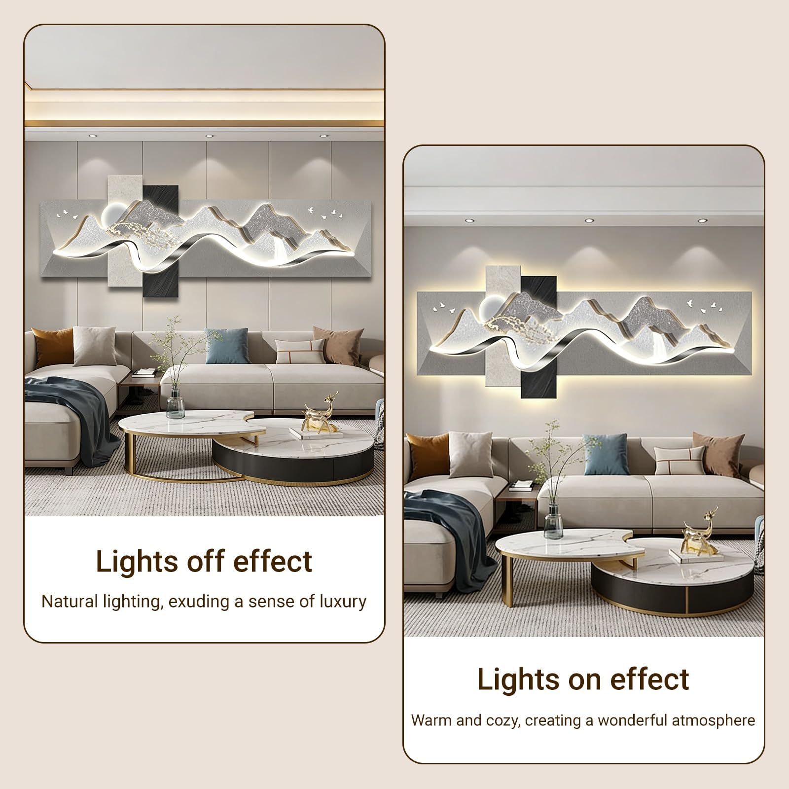 Scultura Decorativa per Parete in Stile Moderno, Quadro Decorativo in Rilievo 3D con LED, Adatta per Soggiorno, Camera da Letto, Ufficio, corridoio(D,75 * 25cm/29.5 * 9.8in)