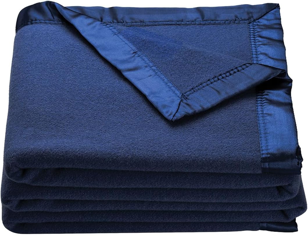 OakRidge Heirloom Merino Wool Blanket: 100% Australian Wool, Breathable All-Season Full/Queen with Satin Edges, Navy Blue
