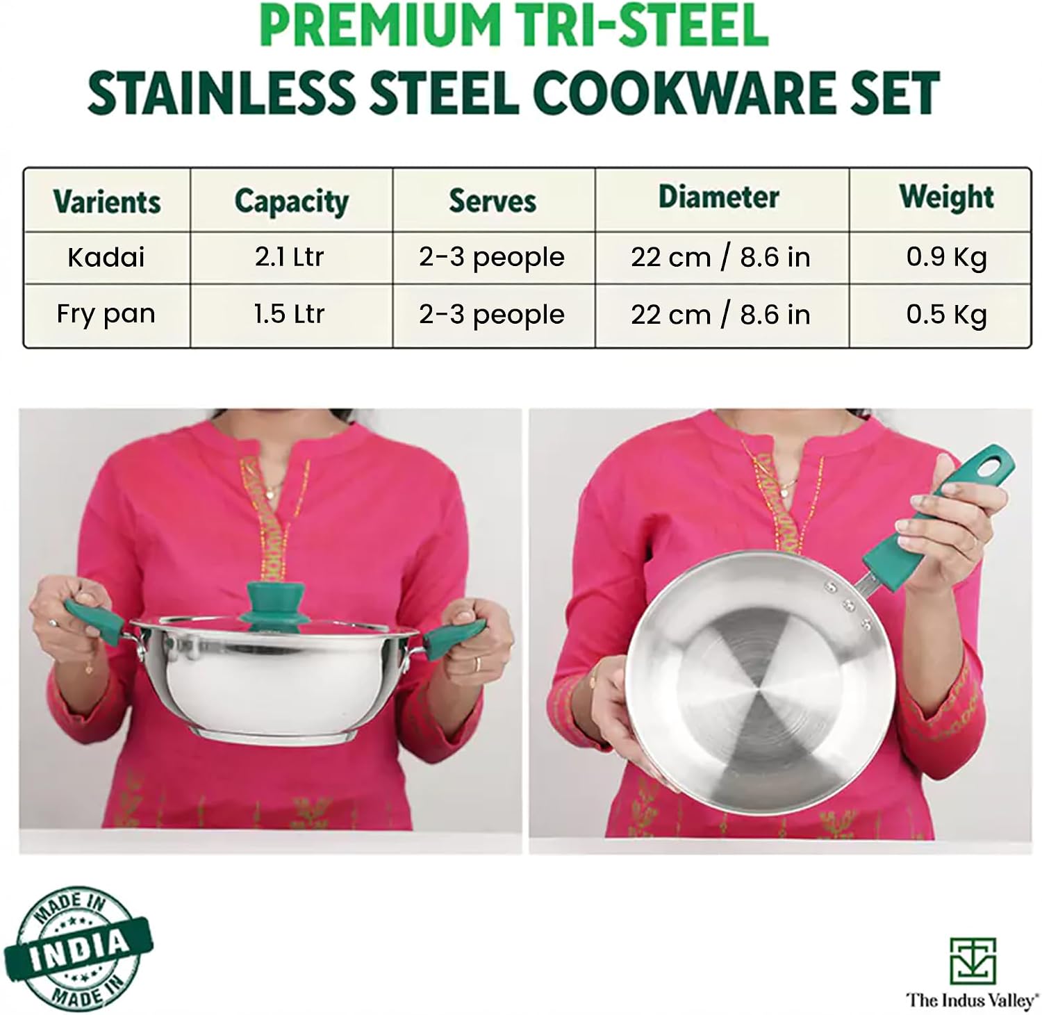 The Indus Valley Stainless Steel Cookware Set Sandwich Bottom - Set of 3Pcs | Fry Pan (22.8 Cm/1.5L)+ Kadai with Lid (22.6 Cm/2.1L) | Kitchen Cooking Combo Pots & Pans, Naturally Nonstick image 2