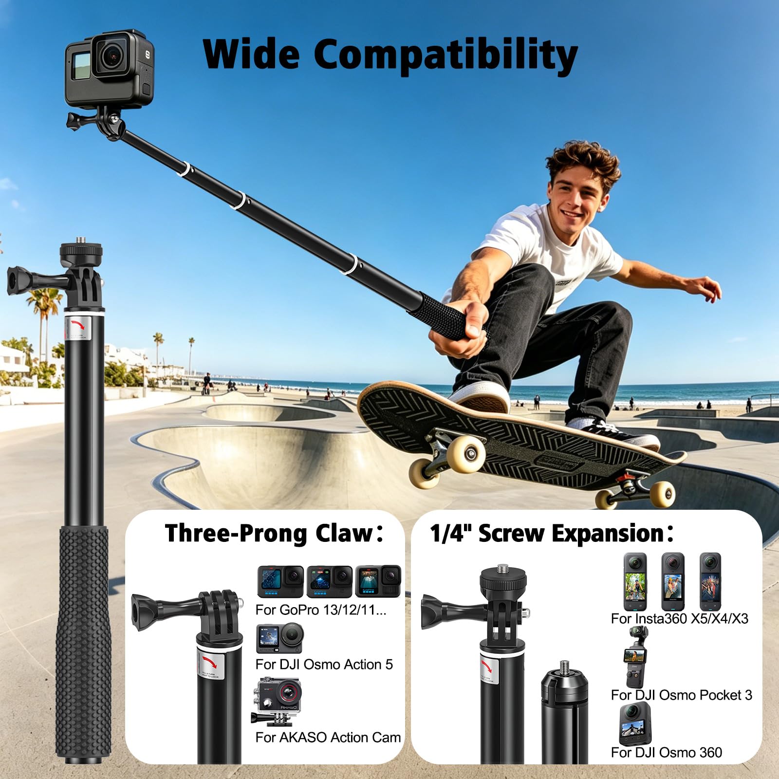 Wiseten Perche à Selfie 94cm avec Trépied pour GoPro Insta 360 X5 X4 X3 | Monopode Télescopique pour DJI Osmo Pocket 4 3 GoPro Hero 13/12/11/10/9/8/Max Caméras d'Action