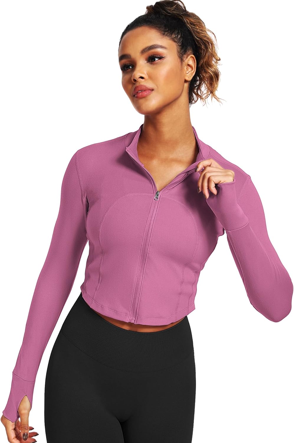CADMUS Butterluxe Women's Workout Jackets Long Sleeve Full Zip Slim Fit Sportswear Crop Tops Thumb Holes for Running - Image 2