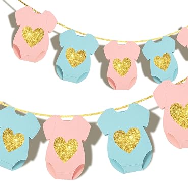 Baby Gender Reveal Decorations Banner, Pink Blue Short-Sleeve Bodysuit Twins Baby Shower Birthday Party Wrapping Paper Garland Photo Props Decor, Neutral Boy or Girl Reveal Ideas Supplies