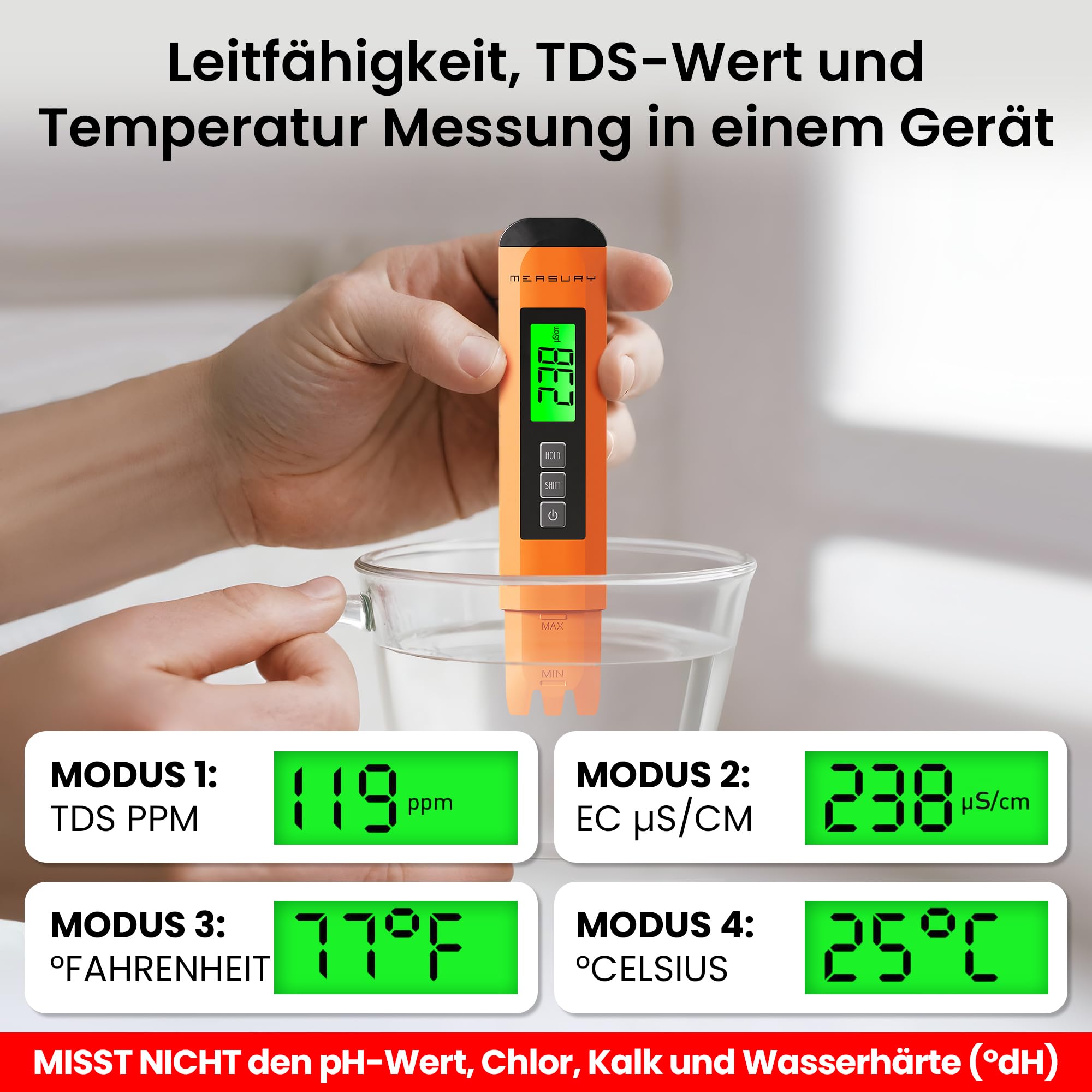 Measury Mikrosiemens Messgerät und PPM Messgerät Wasser, Wassertester Trinkwasser, TDS Messgerät für Trinkwasser, EC Messgerät, Leitwertmessgerät Aquarium - Leitfähigkeitsmessgerät Wasser Tester