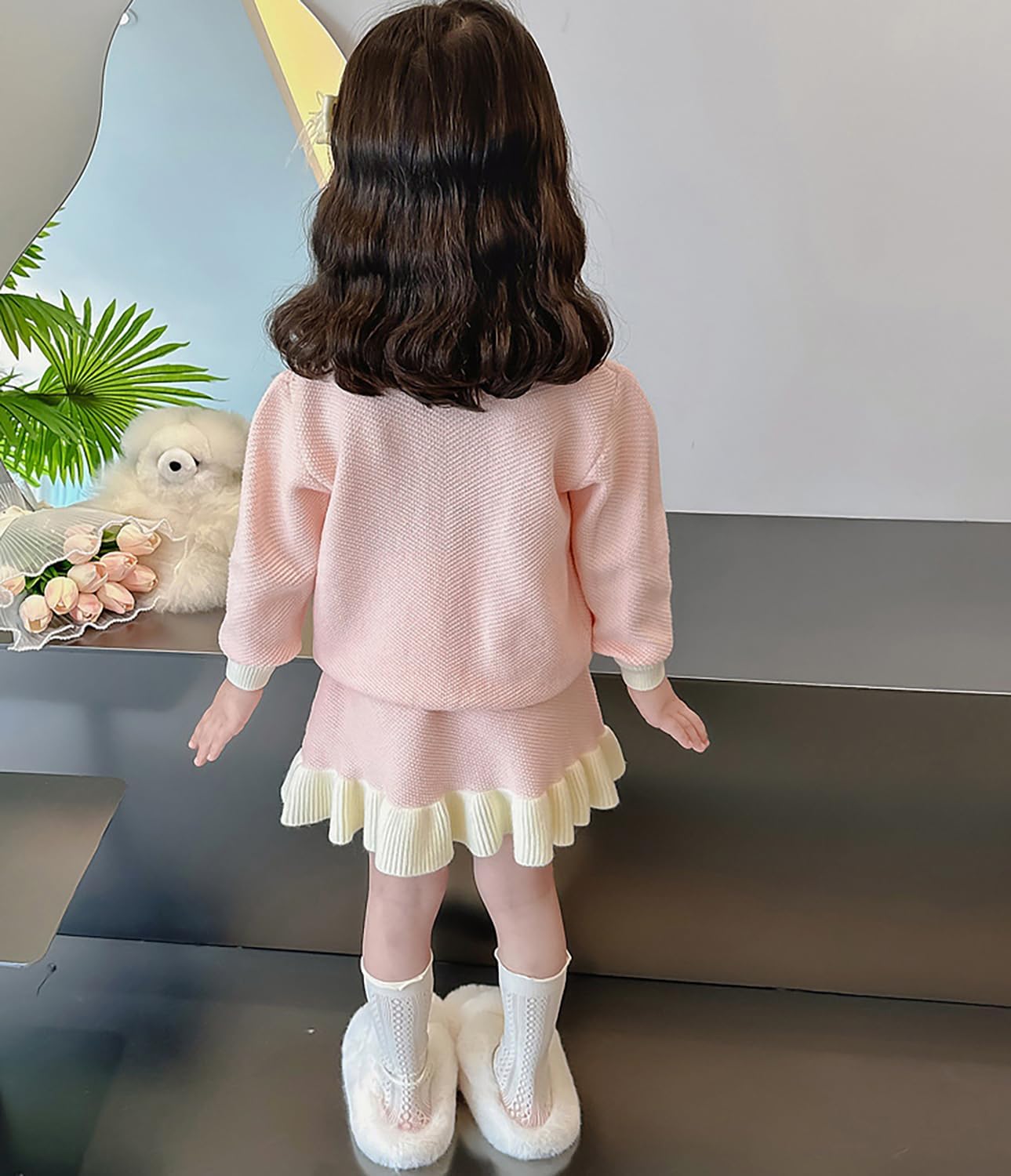 Toddler Girls Sweater Skirt Set Bow-knot Cardigan Sweater Winter Coat Set Size 2-7 Years