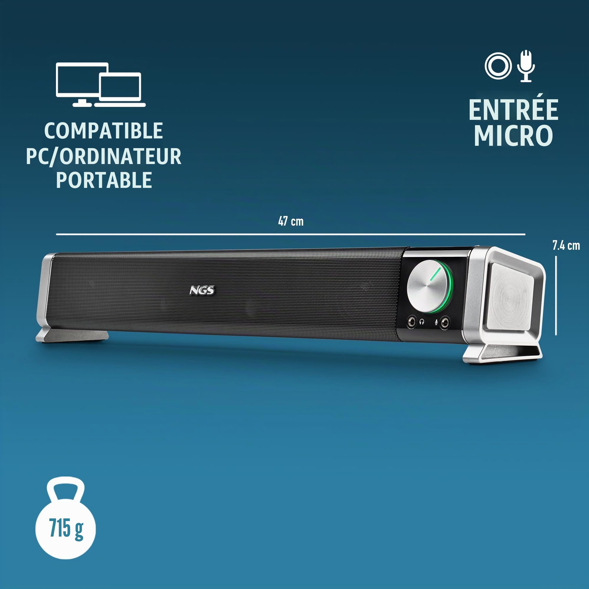 NGS SB500 BT - Barre de Son Bluetooth 20 W pour PC, TV, Tablette et Mobile, stéréo, USB, Prise 3,5 mm, entrée Micro, Sortie Casque, Plug & Play