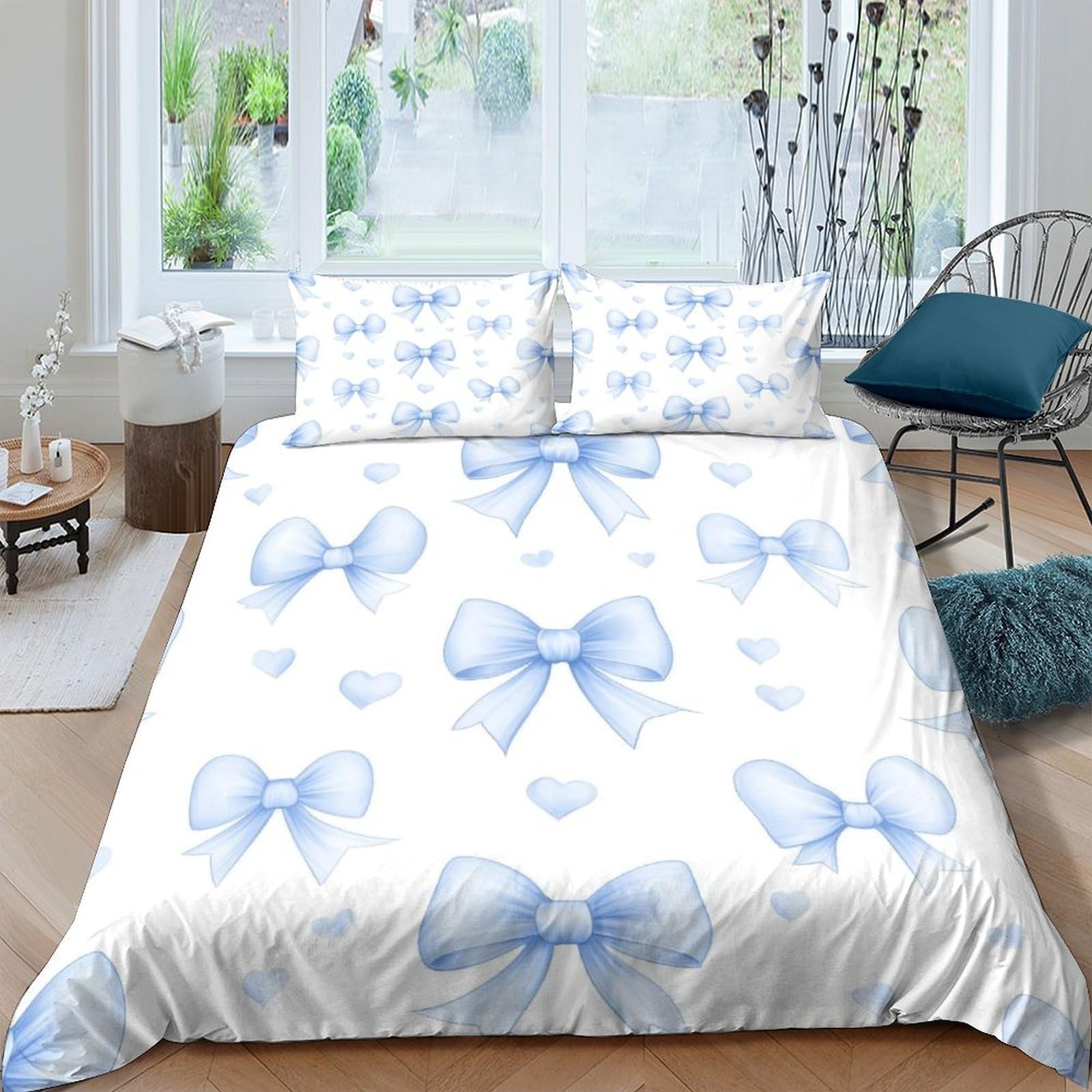 TUFRTGYHN 3D Printed Blue Bow Duvet Cover Set Microfiber Soft Breathable Heart Pattern Bedding with 2 Pillowcases for Bedroom Decor Single（135x200cm）