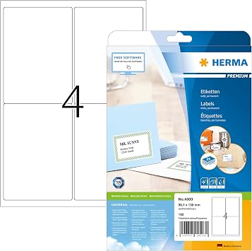 HERMA Self Adhesive Parcel Shipping Labels, 4 Labels Per A4 Sheet, 100 Labels for Laser and Inkjet Printers, 99.1 x 139 mm 4503
