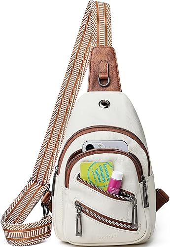 LATMAP Bolso bandolera para mujer, mochila pequeña de cuero, mini bolsa cruzada en el pecho, mochila casual, riñonera impermeable antirrobo, beige y