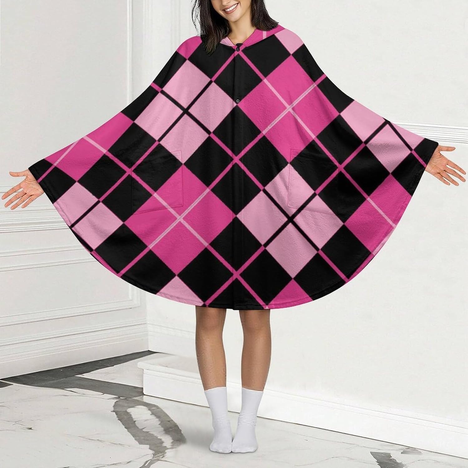 Pinkblack Argyle Wearable Blanket with Hooded Flannel Blankets Cape with Pocket