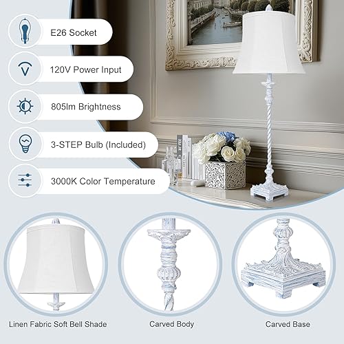 Miniatura 8 de LuxSight - Lámpara de mesa estilo vintage europeo, estilo vintage, 33 pulgadas de alto, tela de lino blanco marfil, pantalla suave, atenuación