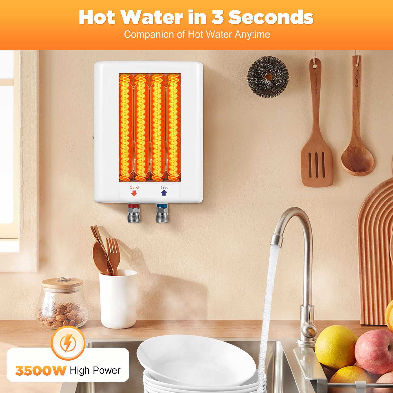 Scaldacqua istantaneo 230 V cucina, scaldabagno elettrico istantaneo, mini scaldabagno per lavello da cucina, lavabo da 3,5 kW, con spina