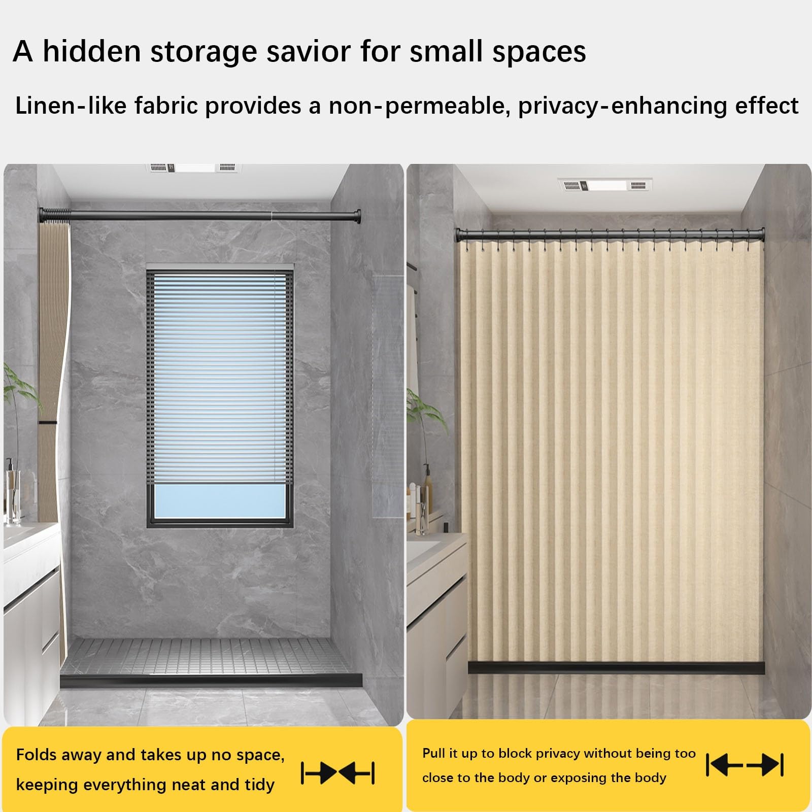 Cortina de ducha plegable con cierre magnético y barra retráctil, tela de lino grueso impermeable, no requiere perforaciones para una fácil instalación, ideal para privacidad en el baño
