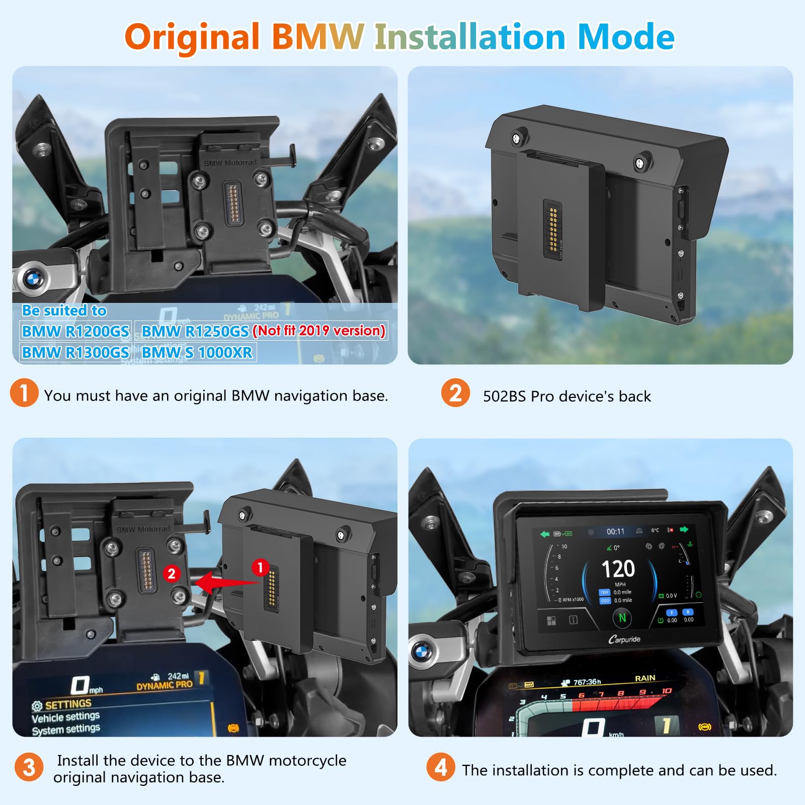 CARPURIDE W502BS Pro per Moto BMW CarPlay e Android Auto, Doppio Bluetooth, Schermo di Navigazione Impermeabile da 5 Pollici, Lettura dati, Native Wonder, TPMS, Sensore di luce, Condivisione di Musica