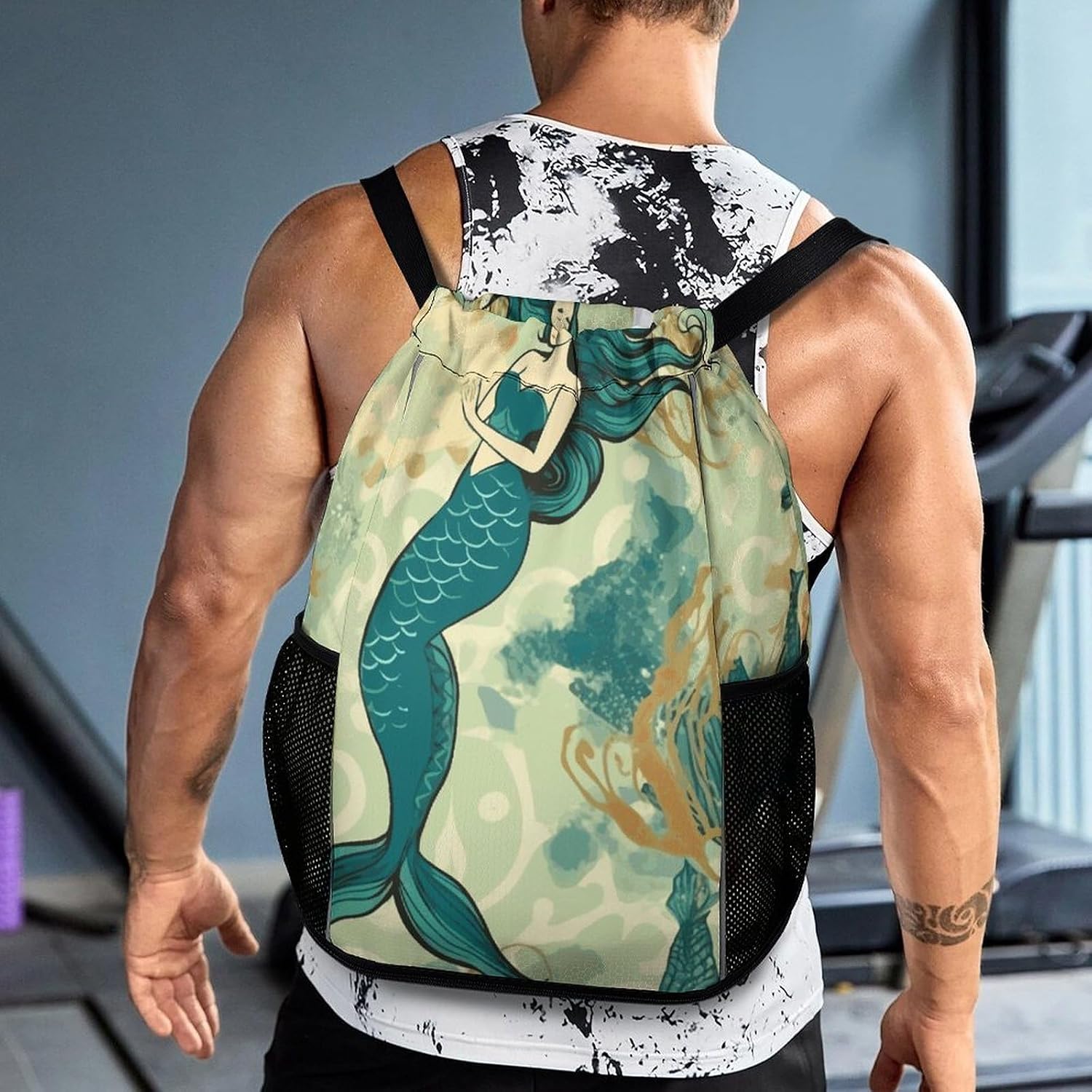 Retro Mermaid Drawstring Backpack for Adult,Gym Bag with Shoe Compartment,Hiking Backpack with Mesh Side Pockets