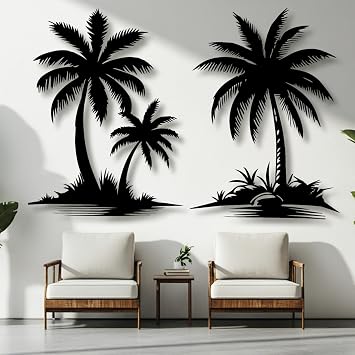 lunwall Metal Palm Tree Wall Decor, Palm Tree Metal Wall Art, Tropical Metal Wall Art, Beach Wall Decor, Palm Tree Bathroom Decor Black, 41 L" x 28 W" / 103 x 70 cm