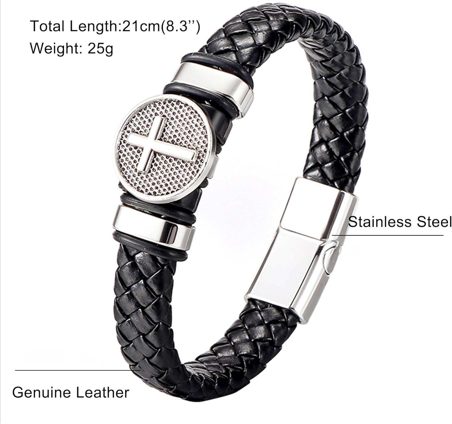 Black Mens Cross Bracelets Leather Christian Religious Faith Cuff Bangle Braided Stainless Steel Clasp Bracelet Wristband Punk Jewelry Christmas Accessory for Men Him 8.3''