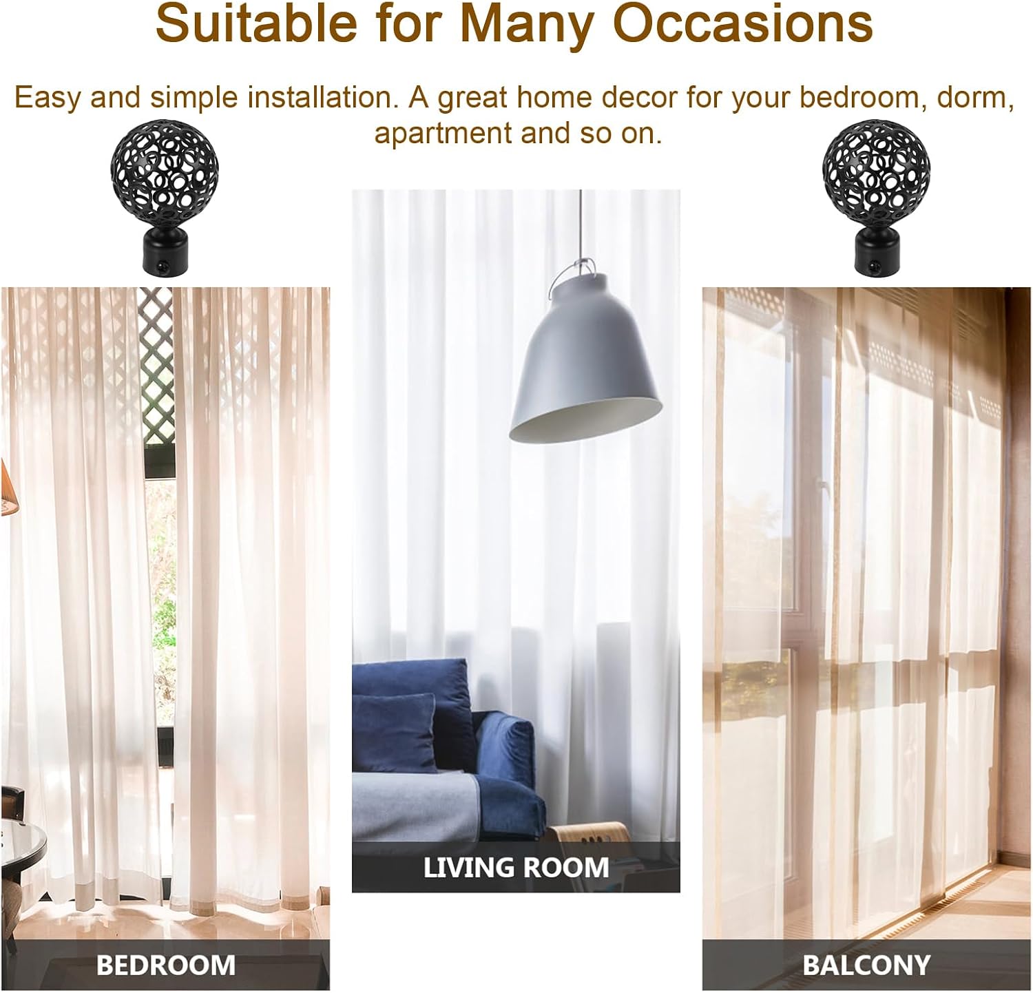 DOITOOL 2Pcs Decorative Curtain Rod End Finials Black Metal Window Treatment Accessories for 0.79 Inch Diameter Rods Easy Installation for Home Drapery