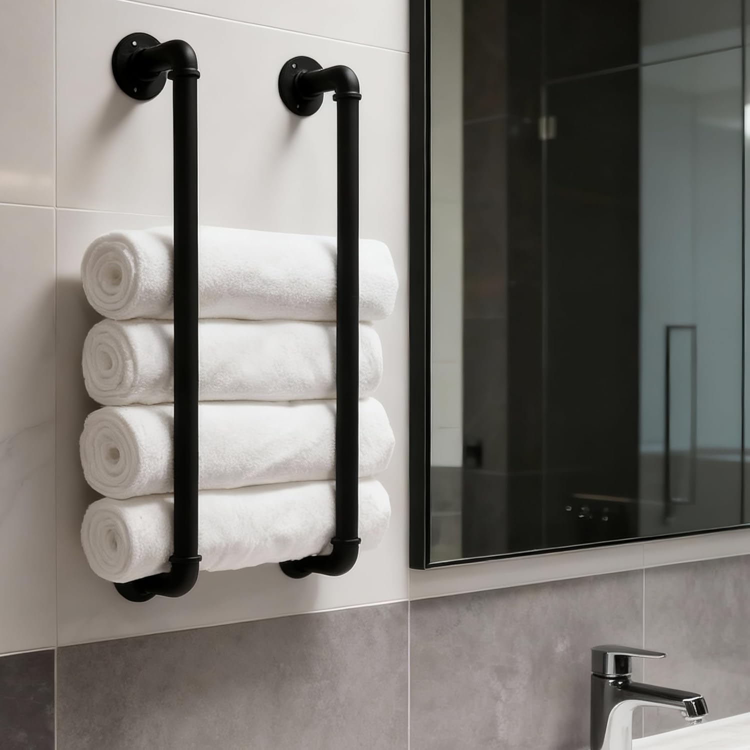 Towel Racks for Bathroom Wall Mounted 24 Inch,Industrial Pipe Towel Storage Organizer Towel Holder(Black)