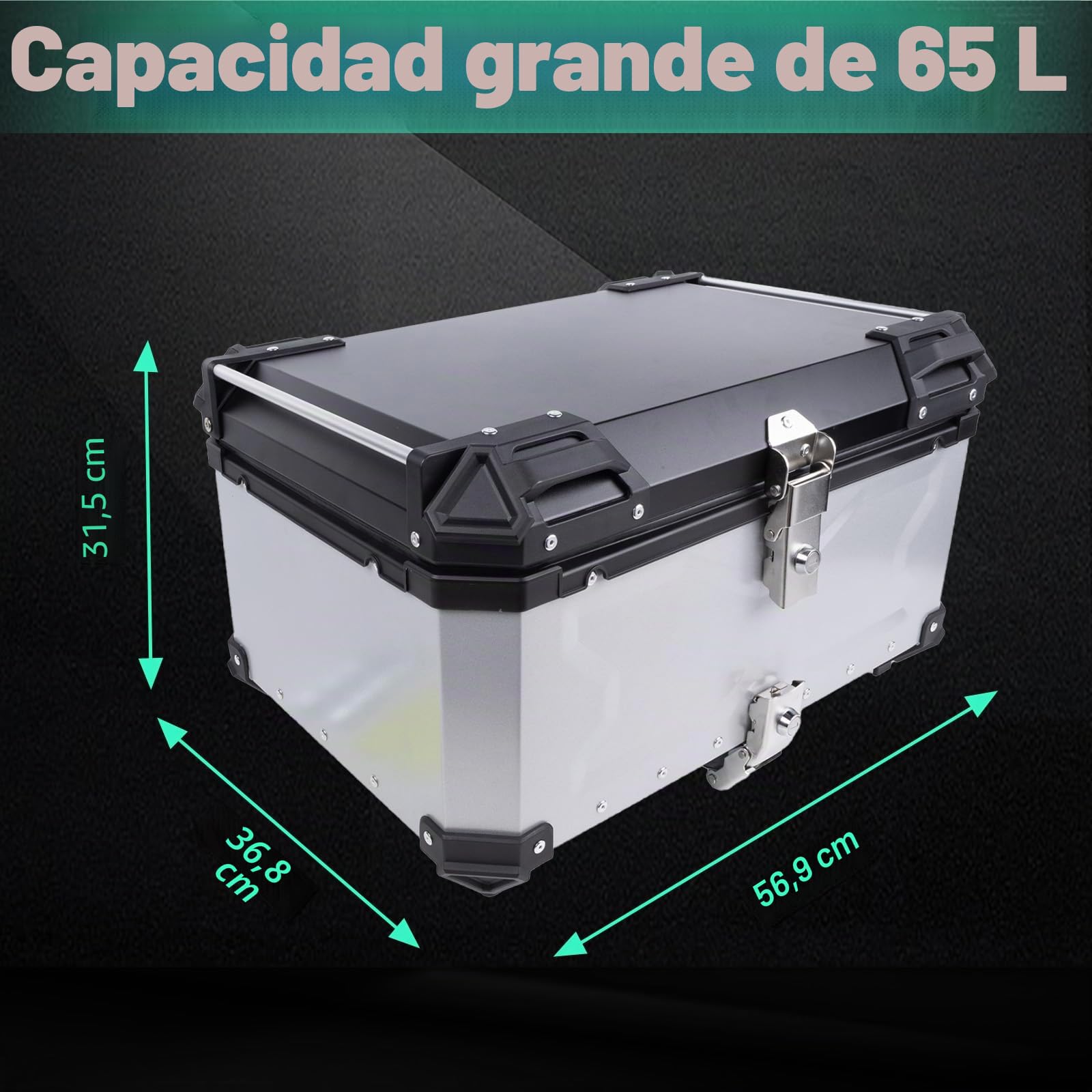 Baúl trasero para motocicleta, impermeable, aluminio, 65 L, con cerradura de seguridad, para guardar equipaje de casco, color plateado
