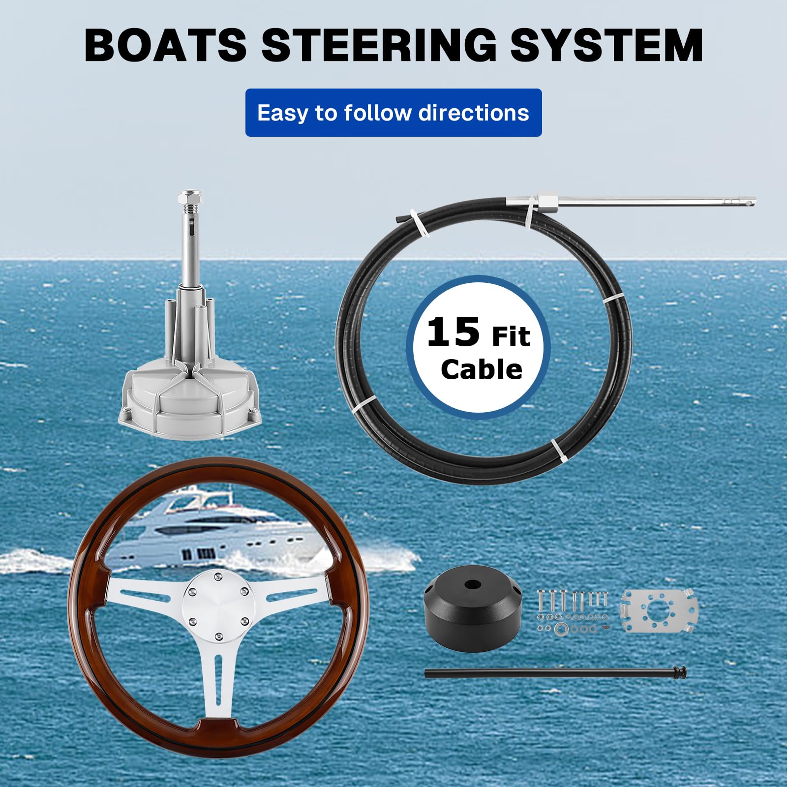 VOONKE Boat Steering System 15 feet Cable Outboard Rotary Steering Kit with 3/4” Standard Tapered Shaft with 13.8 Inch Steering Wheel,for Yachts and Waterborne