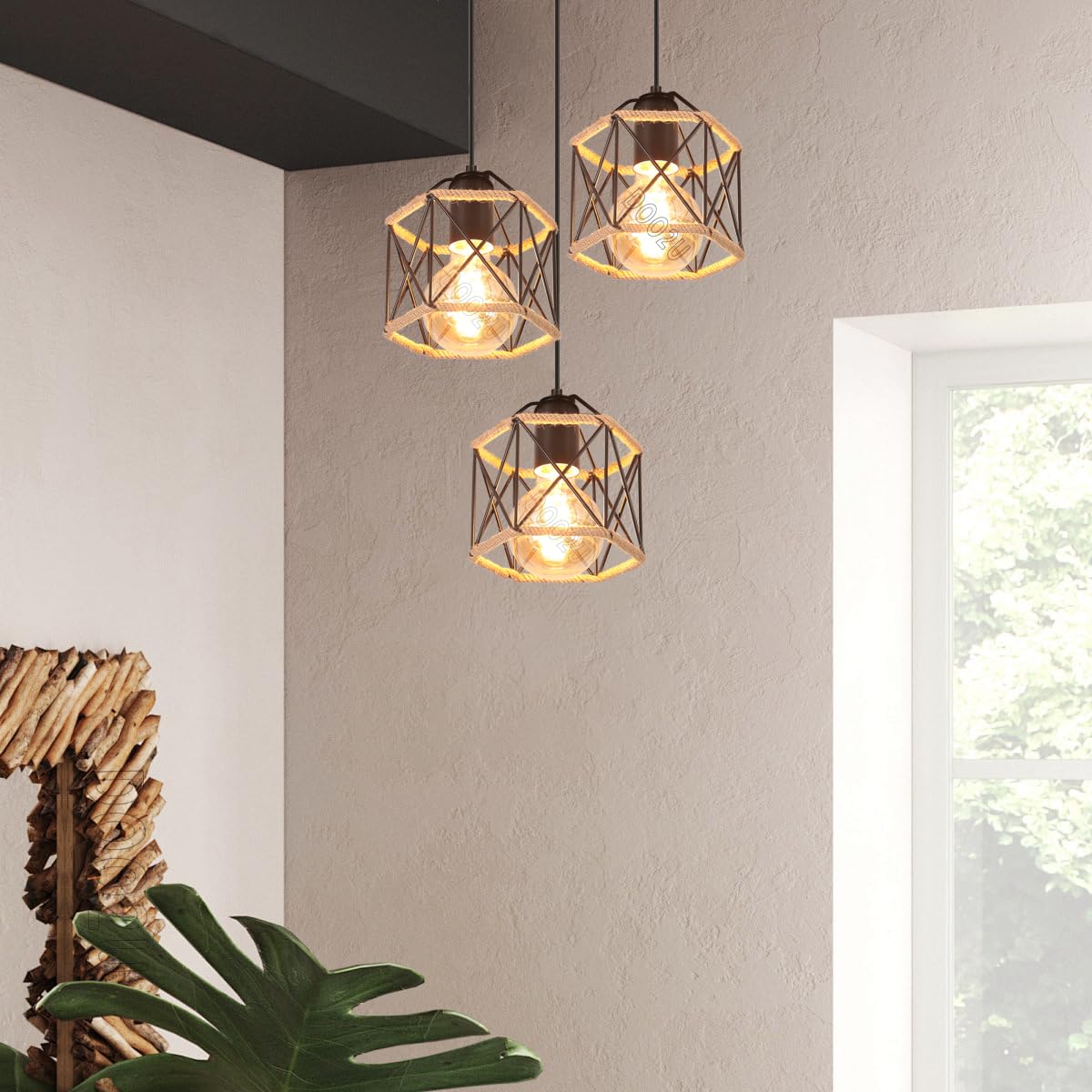 3 Luces Lámpara Colgante Vintage E27 Lámpara de Techo Colgante industrial Metal con Cuerda de Cáñamo Retro Diseño Jaula 16CM para Dormitorio Café Salón Pasillo (hexágono-C-base)