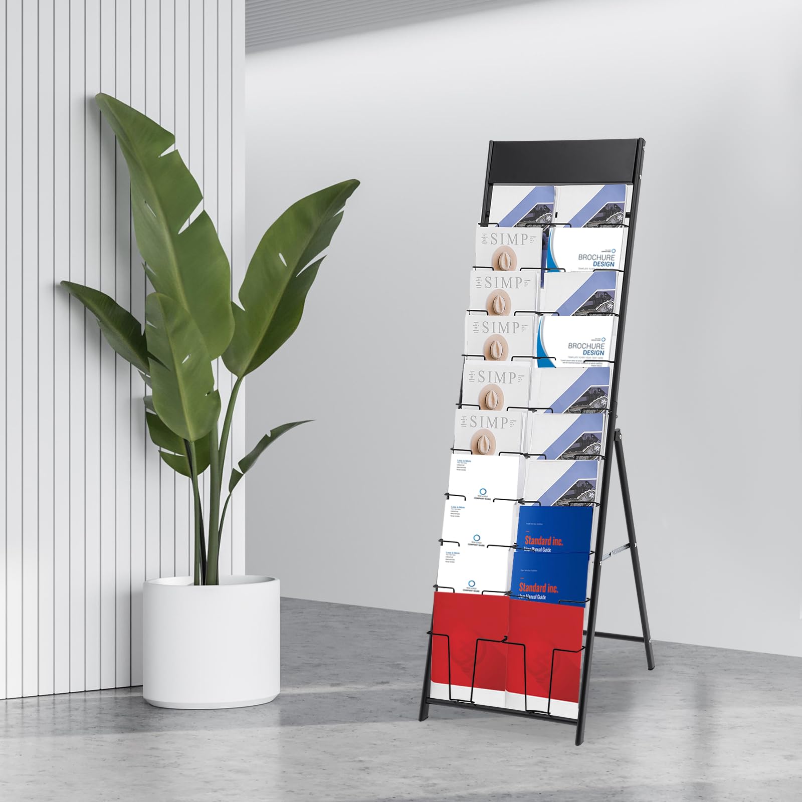 Double présentoir à magazines A4 à 10 niveaux en métal - Support de présentation au sol pour magazines, livres, journaux, littératures, dépliants - Pour la maison, le bureau, le magasin de détail