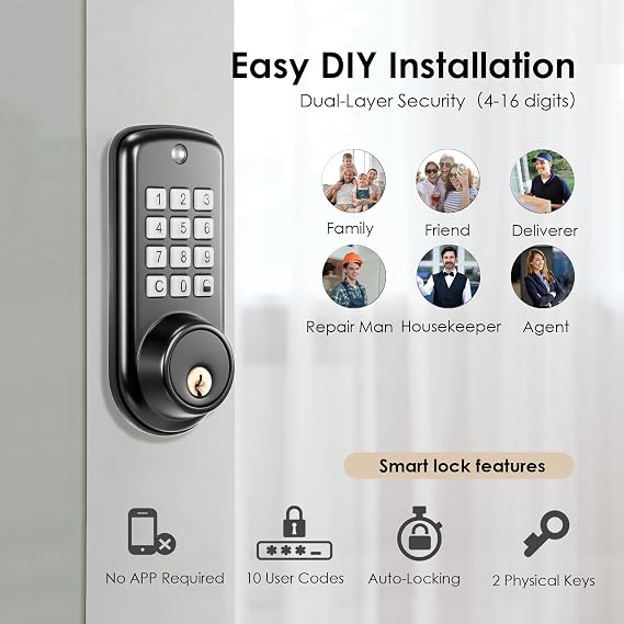 Smart Lock, Keyless Entry Door Lock, Password Mechanical Key 2 Unlocking Methods Automatic Electronic Lock with 4-16 Digit Code for 35-55mm Thickness Office Home Bedroom