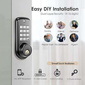 Smart Lock, Keyless Entry Door Lock, Password Mechanical Key 2 Unlocking Methods Automatic Electronic Lock with 4-16 Digit Code for 35-55mm Thickness Office Home Bedroom