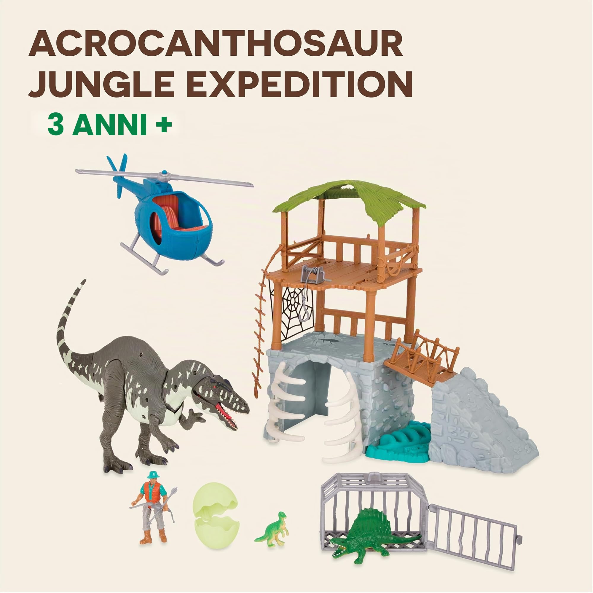 Terra by Battat Acrocanthosauro nella giungla, playset elettronico | Set da 13 con dinosauro elettronico, torre nella giungla, ponte, gabbia, elicottero, personaggio, 2 dinosauri e uovo, 3+ anni
