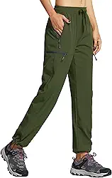 Calça cargo feminina leve de secagem rápida para viagem ao ar livre, bolsos com zíper, resistente à água, Verde militar, G
