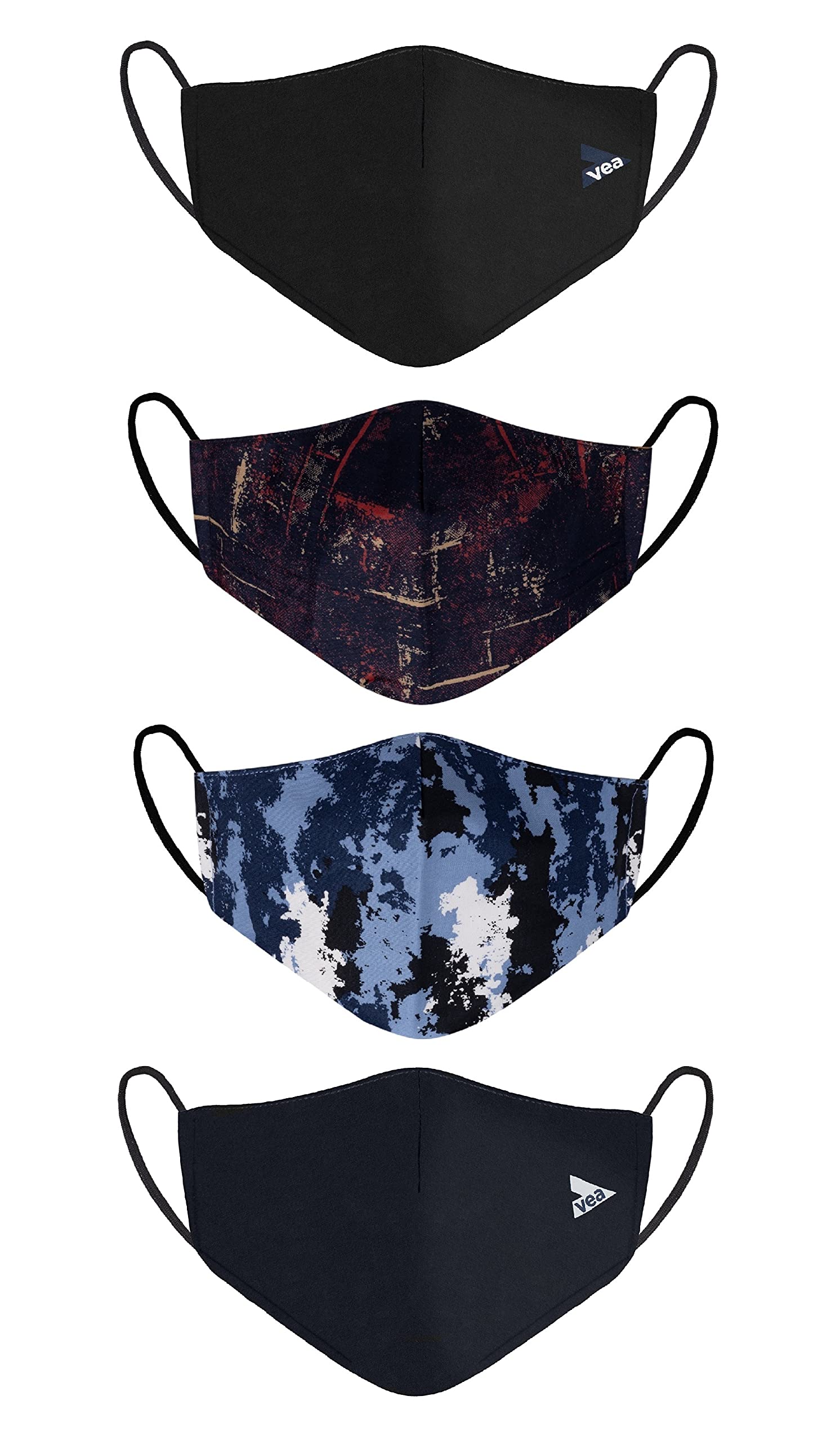 VEA Adults 18+ Soft Cotton 5 Layered Filtration Face Mask (Pack of 4) - Red Chief & Ocean Blue City & Black & Navy