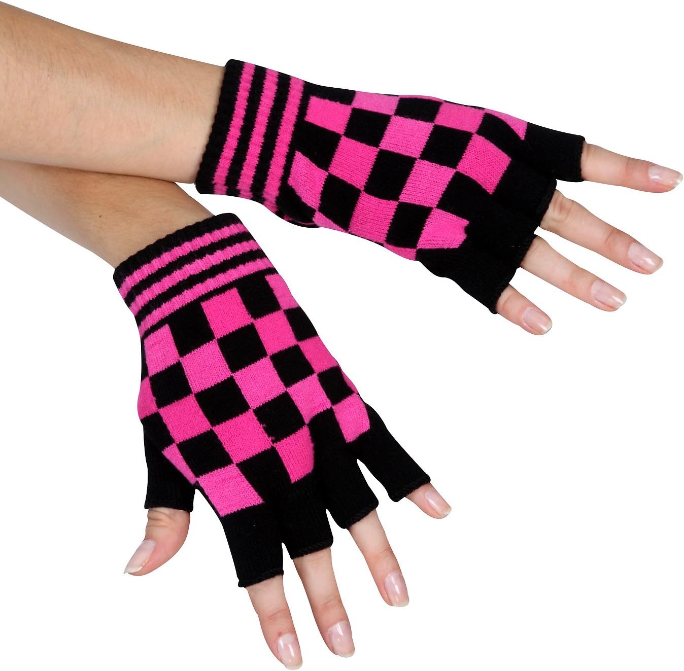 Pink Checkered Fingerless Gloves,4660C,multi-colored,One-Size