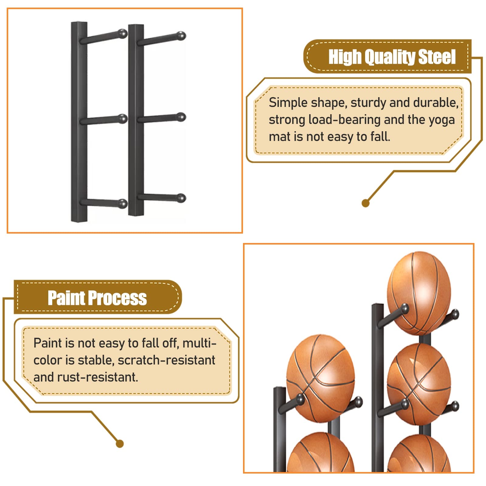 Soporte de pared para esterilla de yoga, estante de almacenamiento de 5 niveles, estante de acero resistente para gimnasio, estudio, garaje, organizador multiusos montado en la pared
