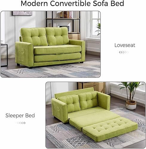 Miniatura 3 de Sofá cama convertible moderno con cama extraíble y dos bolsillos laterales, sofá biplaza de felpilla para sala de estar, apartamento, oficina (verde)