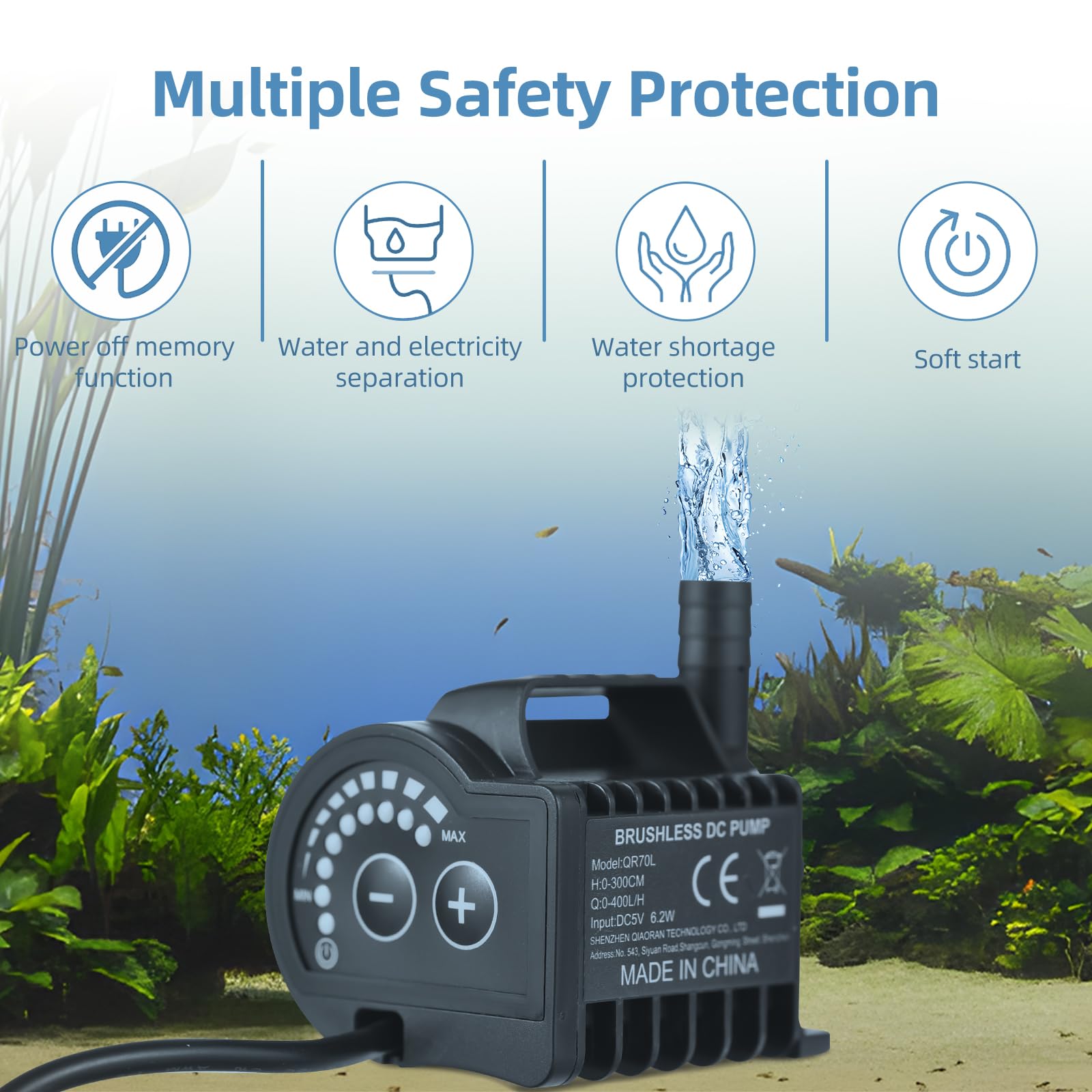 Buachois Electric Water Pump, Portable Mini Submersible Pump, 5 V, Speed Control with 8 Levels, Pump for Fountain, Maximum Flow Rate 600 l/h, with 2 m USB Cable and (QR70L