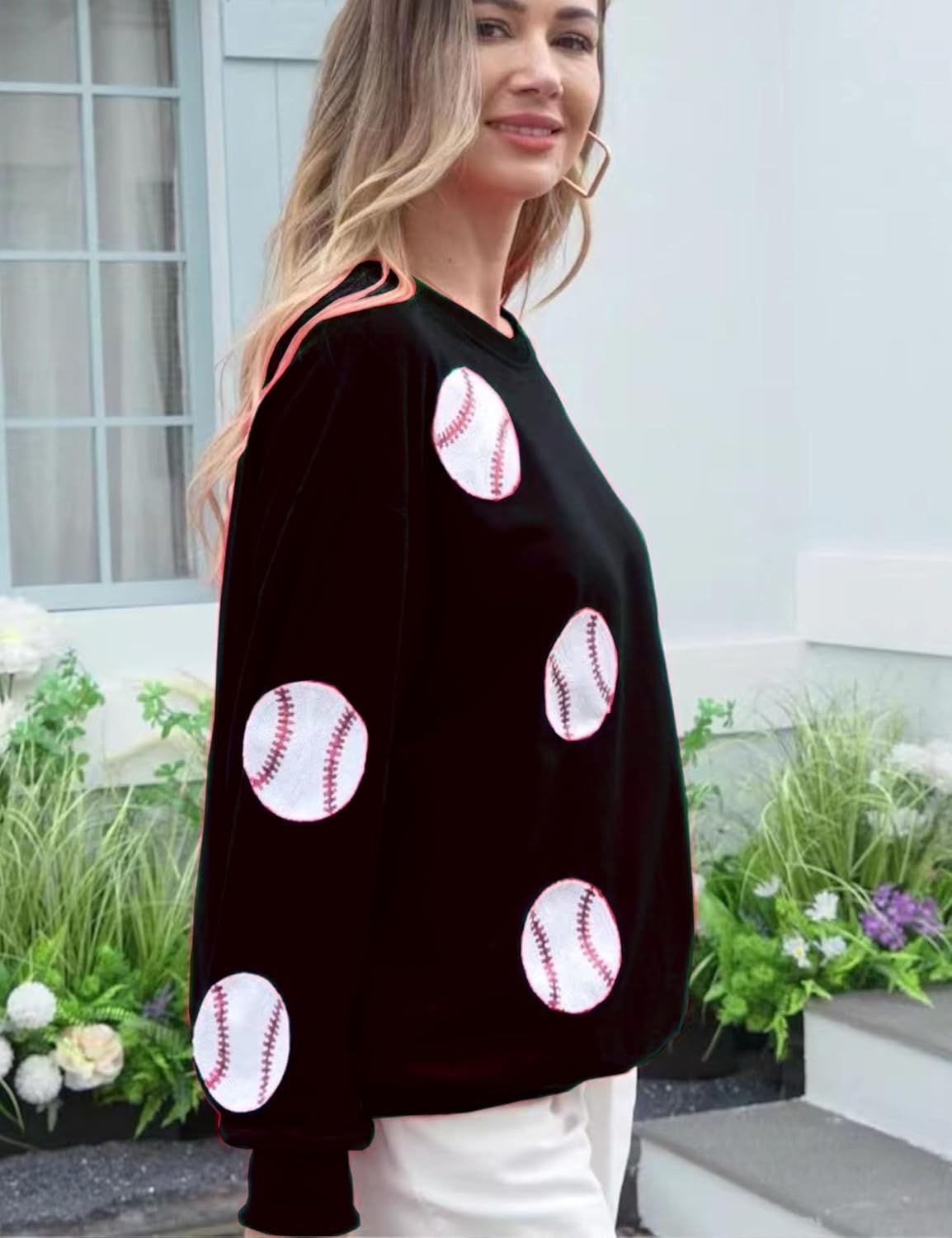 Xunger Women’s Crewneck Long Sleeve Baseball Sequin Pullover Sweatshirt Loose Fit Casual Patches Gameday Tops