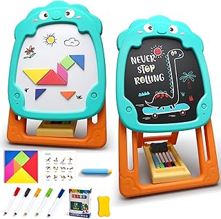 VATOS Easel for Kids, Double Sided Art Easel for Toddlers, Standing Easel Height Adjustable, Childrens Learning Easel Magnetic Dry Erase Whiteboard Chalkboard, Best Gift for Boys Girls Age 2 3 4 5 6