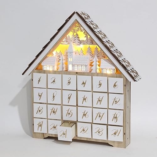 Miniatura 6 de Calendario de Adviento de madera con 24 cajones y luces LED, cuenta regresiva de escena de pueblo y bosque, decoración reutilizable de 16.3 x 2.9 x