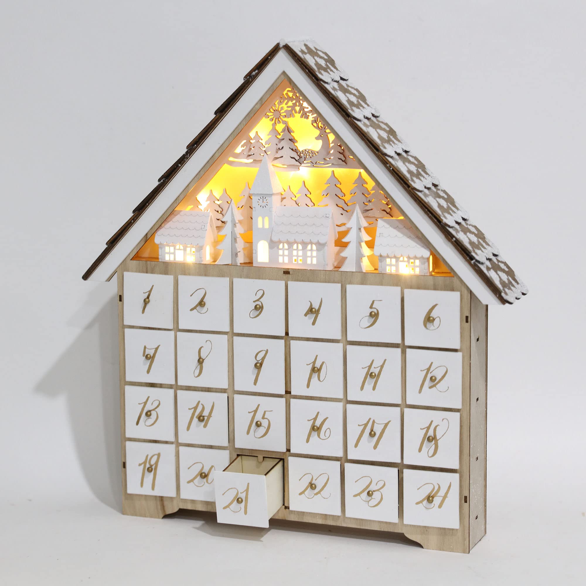 Pioneer-Effort Weihnachts-Adventskalenderhaus aus Holz mit 24 Schubladen und LED-Lichtern, Dorf- und Waldszene Countdown bis Weihnachten, wiederverwendbare Dekoration, 41 x 7 x 45 cm